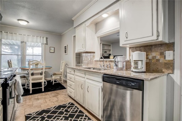 kitchen with ornamental molding, dishwasher, white cabinetry, and a sink