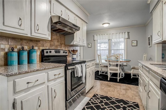 kitchen featuring under cabinet range hood, appliances with stainless steel finishes, tasteful backsplash, and crown molding