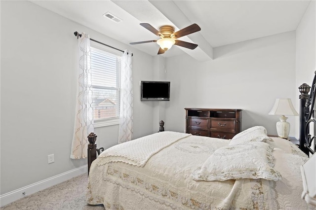 bedroom featuring ceiling fan and light carpet