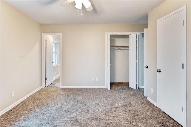 unfurnished bedroom featuring light colored carpet, ceiling fan, and a closet