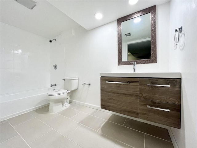 full bathroom with shower / bathtub combination, vanity, toilet, and tile patterned flooring