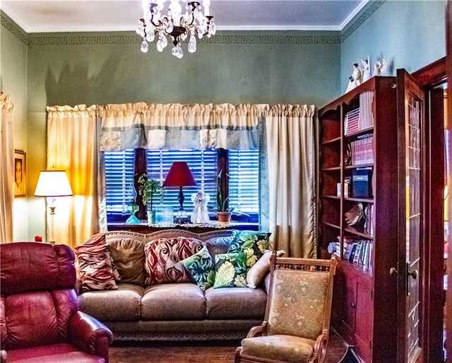 interior space featuring crown molding and an inviting chandelier