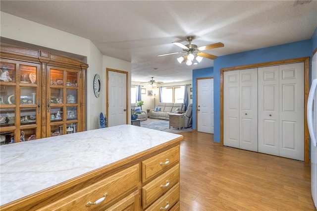 kitchen with light hardwood / wood-style floors, ceiling fan, and white fridge