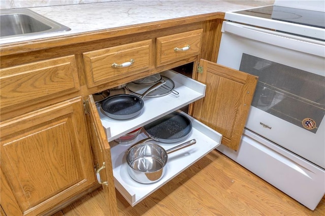 details featuring sink, light hardwood / wood-style flooring, and white range with electric cooktop