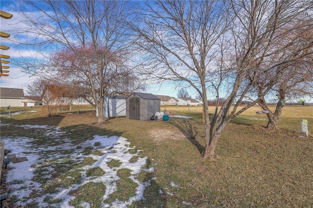 view of yard featuring a storage unit