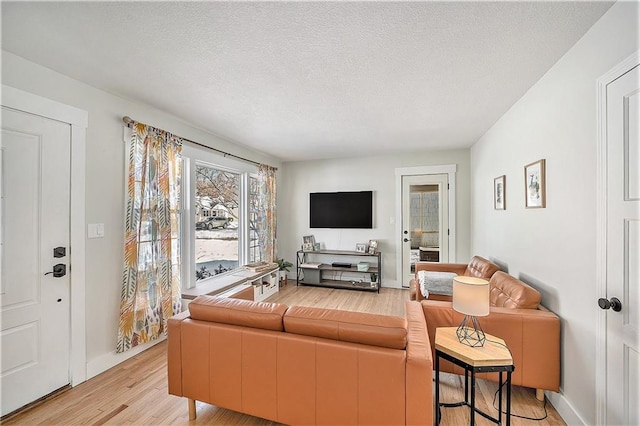 living room with a textured ceiling and light hardwood / wood-style flooring