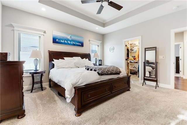 carpeted bedroom featuring a walk in closet, ceiling fan, a raised ceiling, crown molding, and a closet