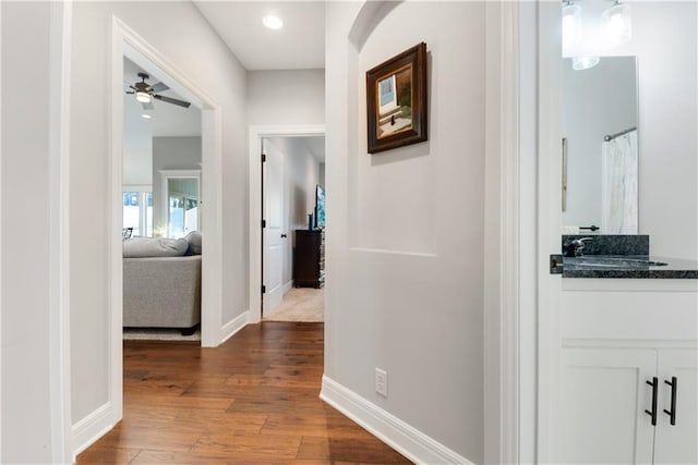 hall featuring sink and hardwood / wood-style flooring