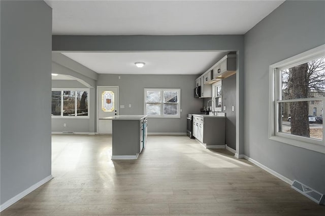 kitchen with light wood-type flooring, gray cabinetry, and a wealth of natural light