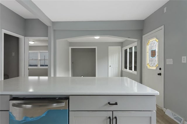 kitchen with stainless steel dishwasher and light hardwood / wood-style floors