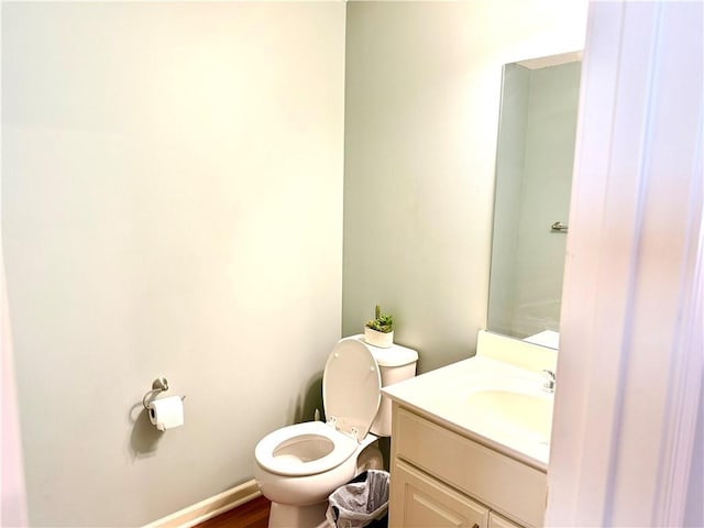 bathroom featuring toilet, wood-type flooring, and vanity