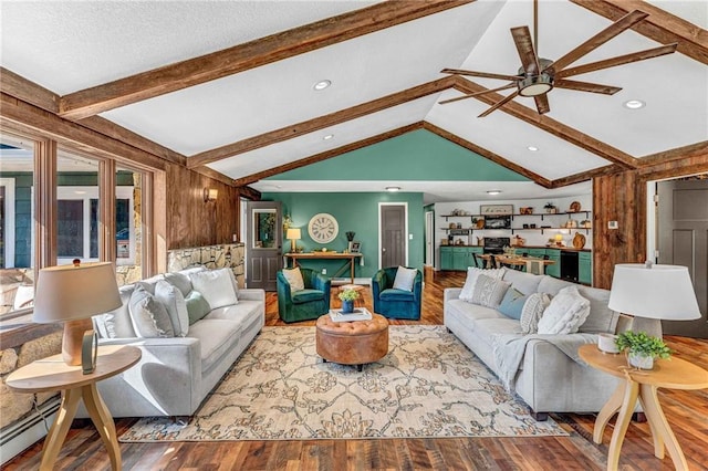 living room featuring wood-type flooring, ceiling fan, lofted ceiling with beams, and a baseboard heating unit