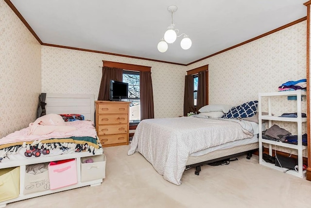 bedroom featuring crown molding, an inviting chandelier, and carpet floors