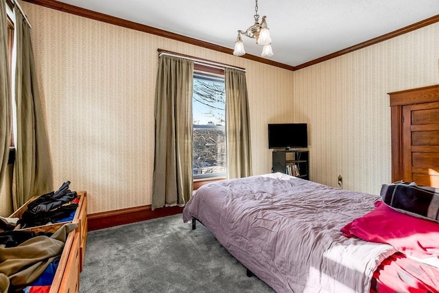 bedroom featuring a notable chandelier, crown molding, and dark colored carpet