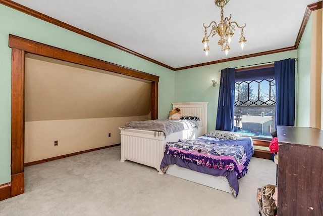 bedroom featuring crown molding, vaulted ceiling, light colored carpet, and a notable chandelier