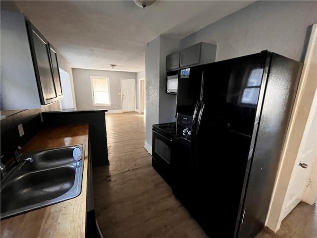 kitchen with sink, hardwood / wood-style floors, and black appliances