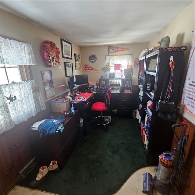 view of carpeted home office