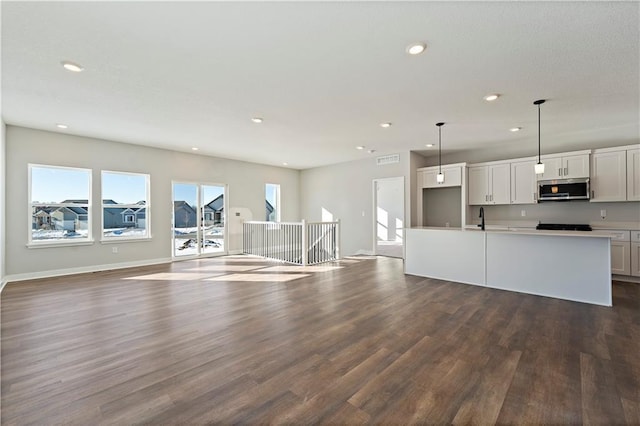 unfurnished living room featuring sink and dark wood-type flooring