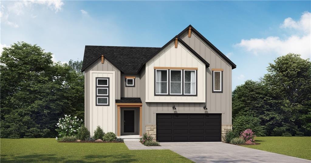 modern farmhouse style home with a front yard and a garage