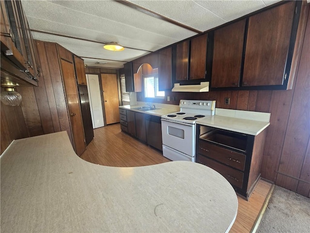 kitchen featuring white range with electric cooktop, light wood-type flooring, and wooden walls