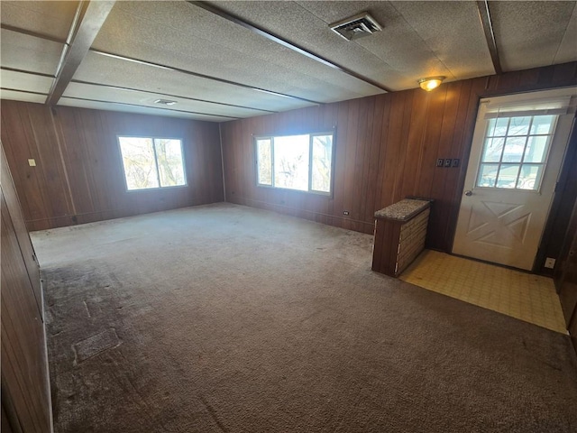 carpeted foyer with a textured ceiling, wooden walls, and plenty of natural light