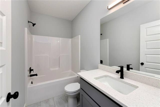 full bathroom with toilet, bathtub / shower combination, and vanity