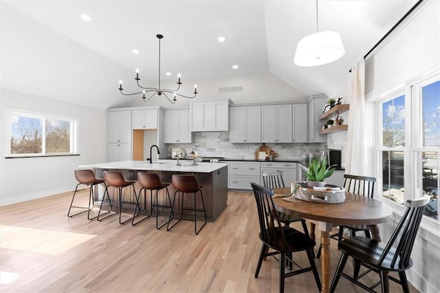 kitchen featuring hanging light fixtures, a center island with sink, a kitchen bar, lofted ceiling, and decorative backsplash