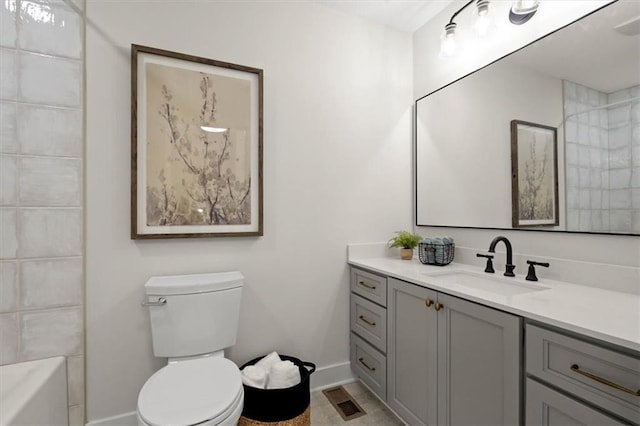 full bathroom featuring toilet, shower / bathtub combination, and vanity