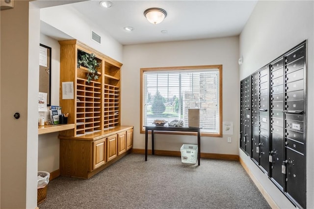 wine area with carpet floors and mail boxes