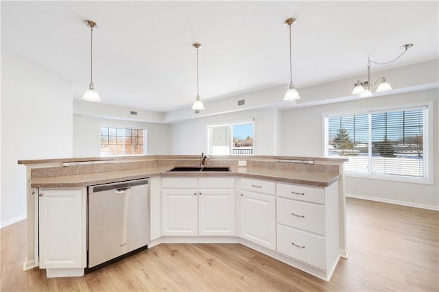 kitchen with sink, white cabinets, dishwasher, and a center island with sink