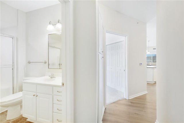 bathroom with vanity, hardwood / wood-style floors, and toilet