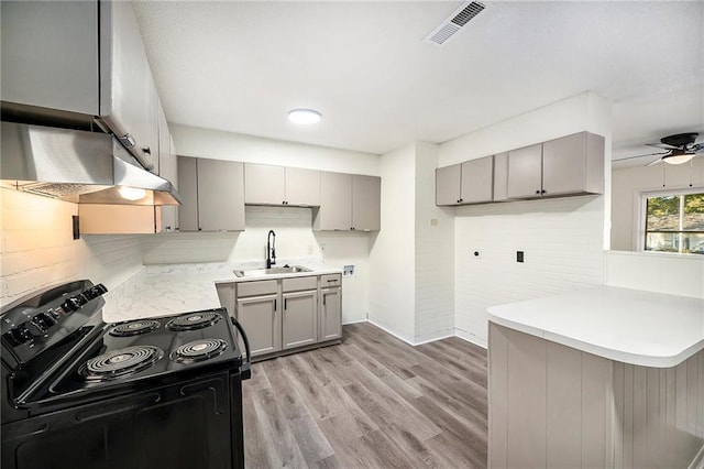 kitchen with sink, electric range, kitchen peninsula, and gray cabinets