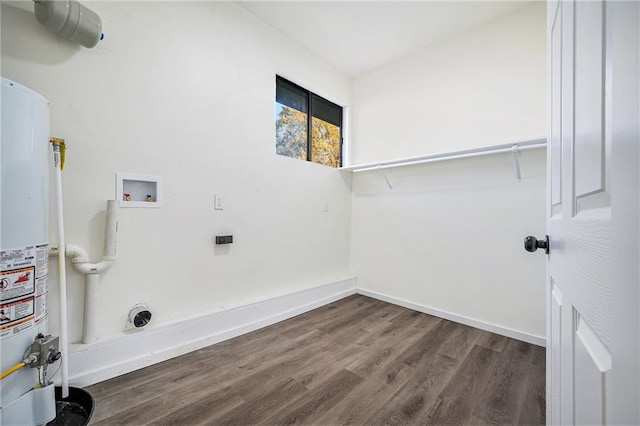 clothes washing area featuring washer hookup, water heater, dark hardwood / wood-style floors, and hookup for an electric dryer