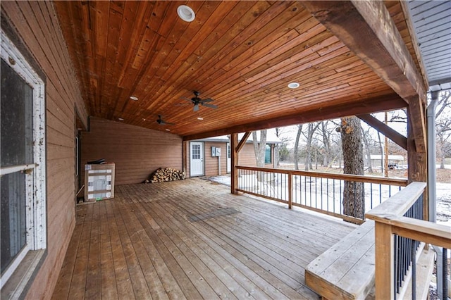 snow covered deck with ceiling fan