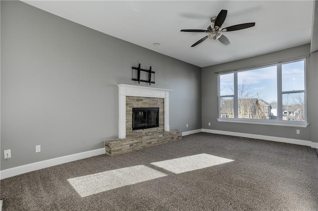 unfurnished living room featuring carpet and ceiling fan