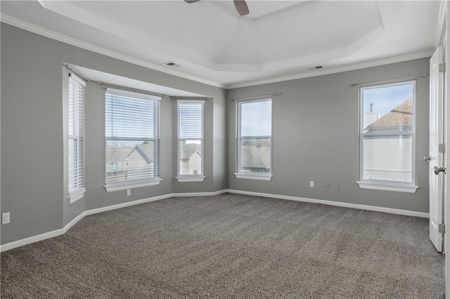 carpeted spare room featuring crown molding, a wealth of natural light, a raised ceiling, and ceiling fan