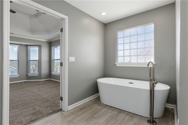 bathroom with a tub and hardwood / wood-style floors