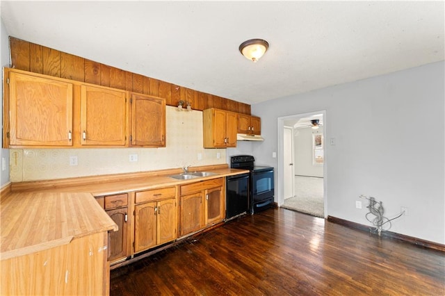 kitchen featuring dark wood-type flooring, ceiling fan, sink, and black appliances