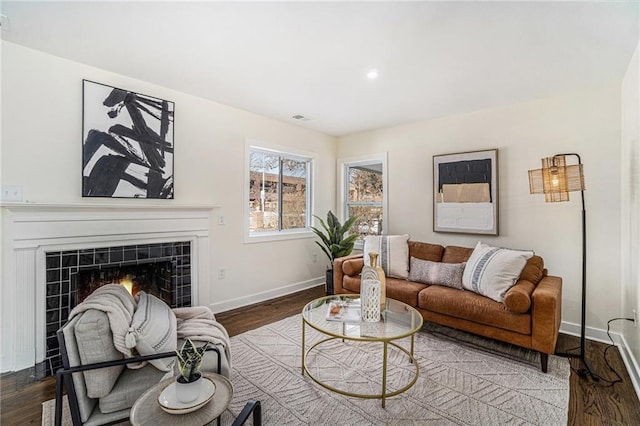 living room featuring hardwood / wood-style flooring and a fireplace