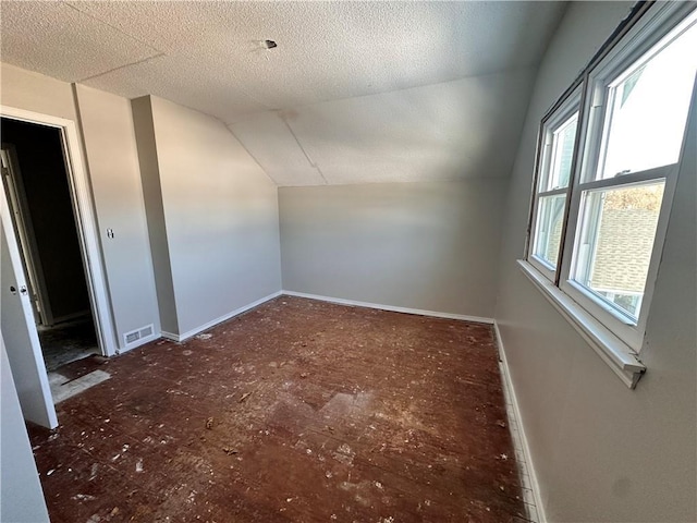 additional living space featuring lofted ceiling, a textured ceiling, and plenty of natural light