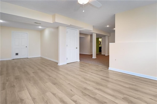 interior space featuring ceiling fan and light wood-type flooring