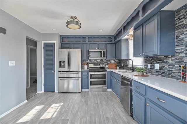 kitchen featuring light wood-type flooring, appliances with stainless steel finishes, backsplash, and sink