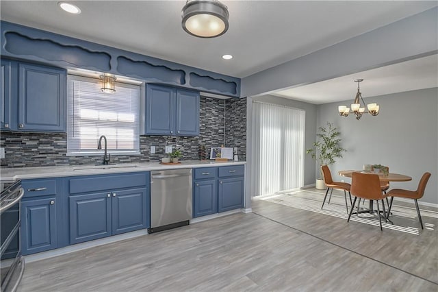 kitchen with appliances with stainless steel finishes, backsplash, blue cabinetry, and sink