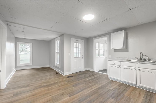 interior space with sink, a paneled ceiling, light wood-type flooring, and plenty of natural light