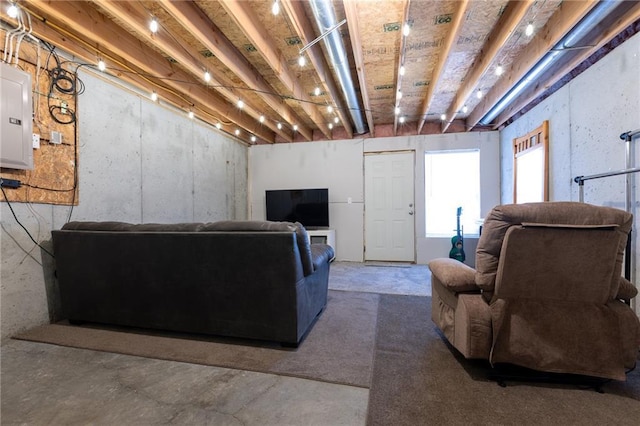 living room featuring concrete flooring and electric panel