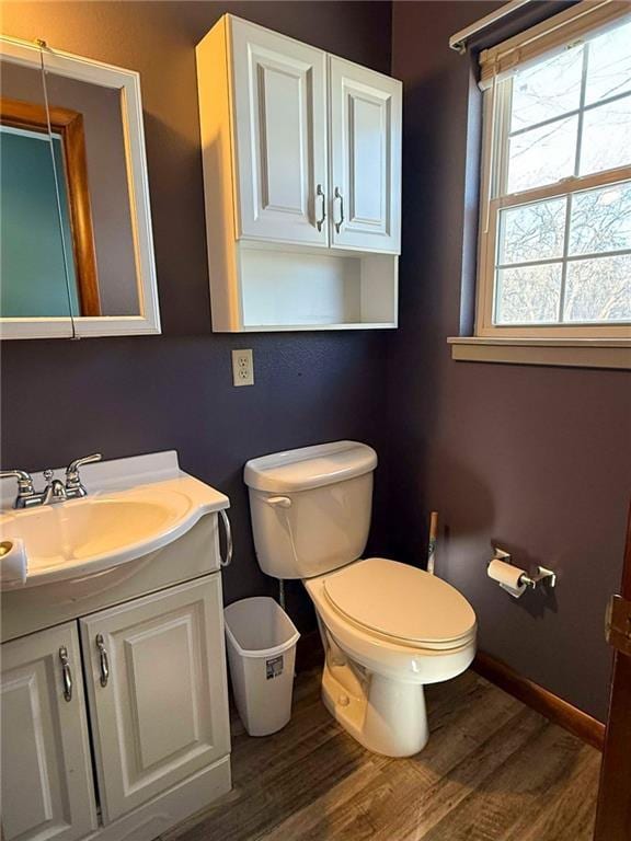 bathroom with vanity, toilet, and wood-type flooring