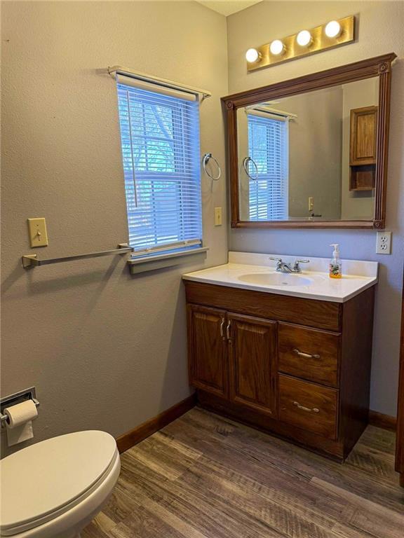 bathroom featuring vanity, toilet, hardwood / wood-style floors, and plenty of natural light