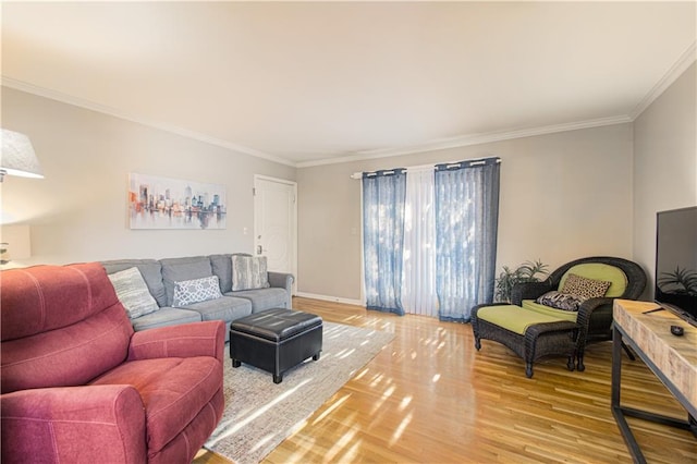 living room featuring crown molding and wood-type flooring