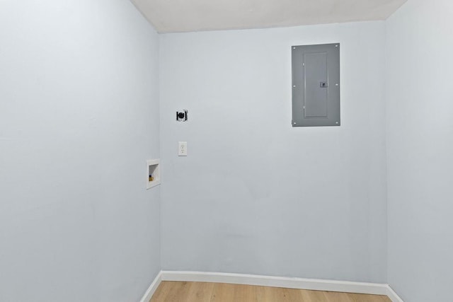 laundry area with washer hookup, hardwood / wood-style floors, electric panel, and hookup for an electric dryer