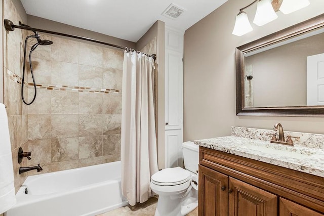 full bathroom featuring vanity, shower / bathtub combination with curtain, and toilet